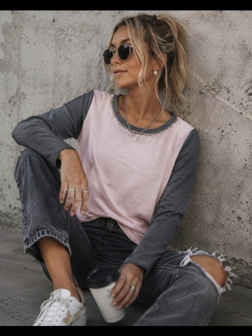 Ricki's Two-Tone Long Sleeve Tee in Light Pink and Charcoal